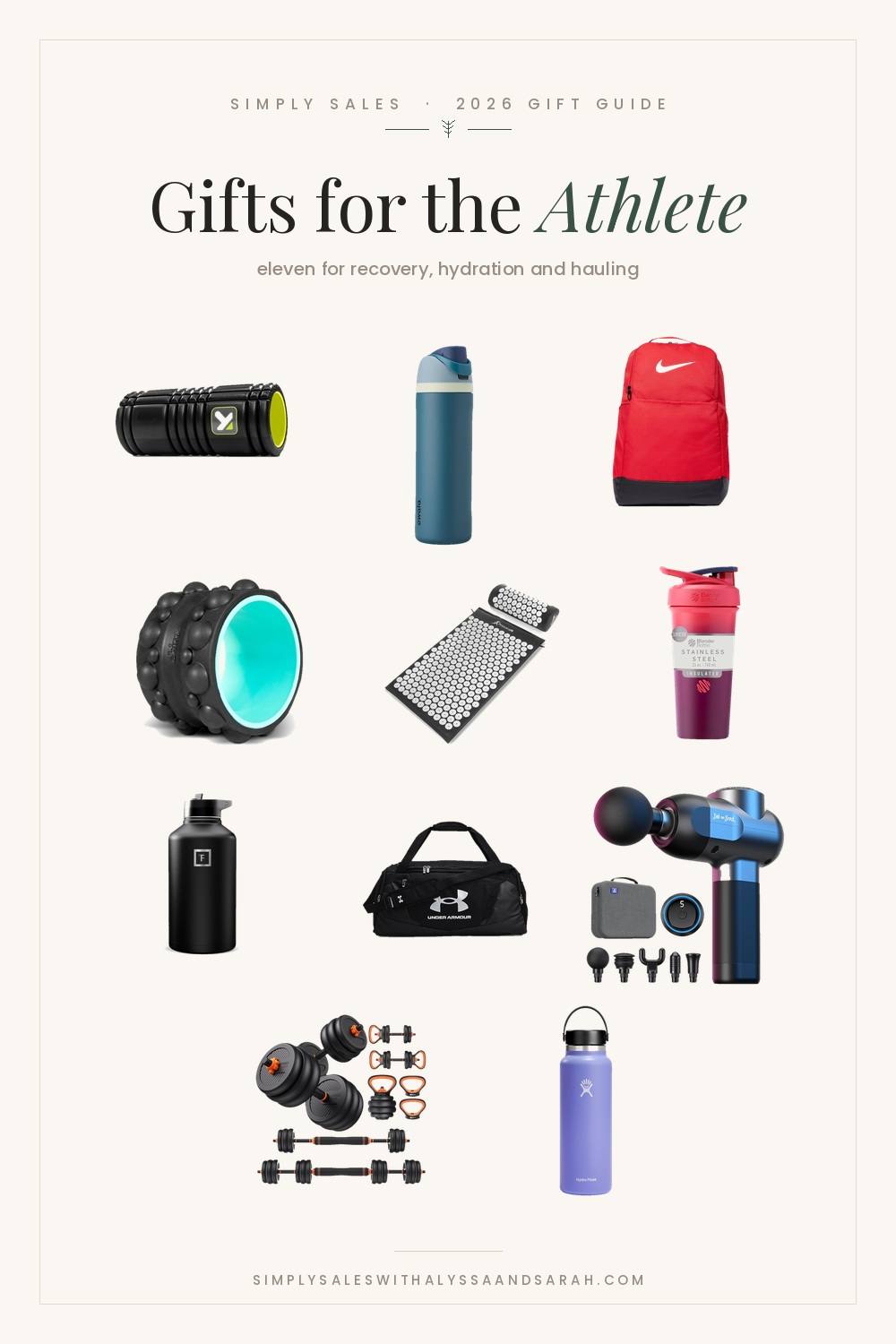 Eleven gift ideas for the athlete including a TriggerPoint foam roller, a Chirp wheel, adjustable dumbbells, a Hydro Flask and a Bob and Brad massage gun