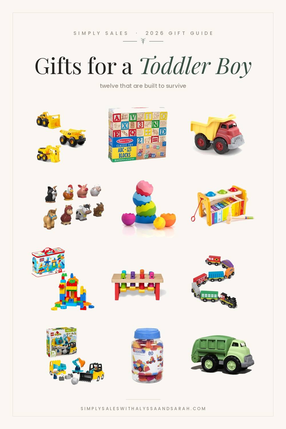Twelve gift ideas for a toddler boy including LEGO DUPLO, Mega Bloks, a Hape pound and tap bench, wooden train cars and a Green Toys recycling truck