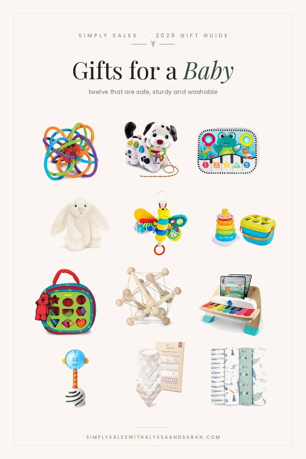 Twelve baby gift ideas including a Lamaze Freddie the Firefly, a Skwish rattle, a Baby Einstein wooden piano and muslin swaddles