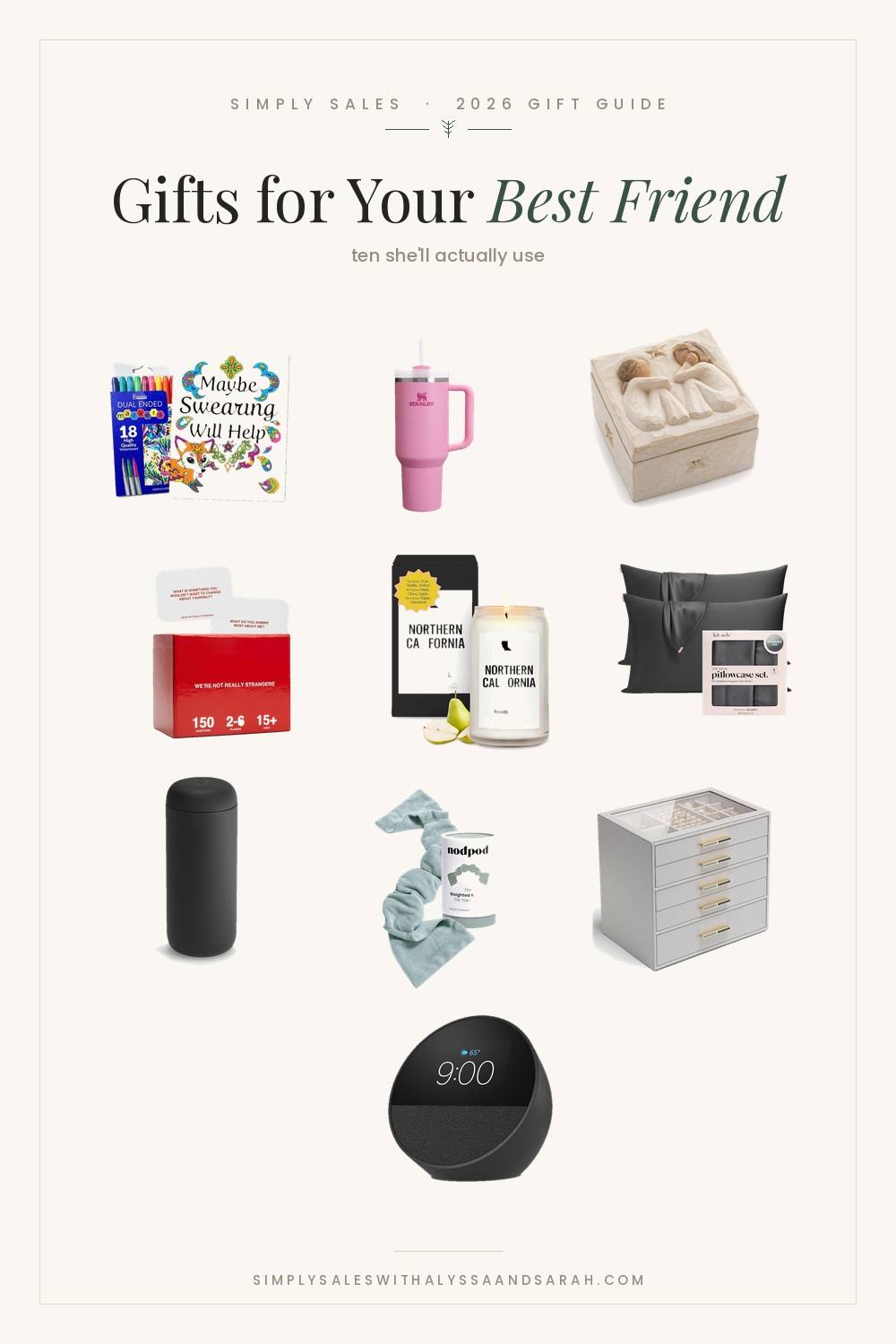 Ten gift ideas for your best friend including We Are Not Really Strangers, a Fellow travel mug, a nodpod weighted sleep mask and an Echo Spot