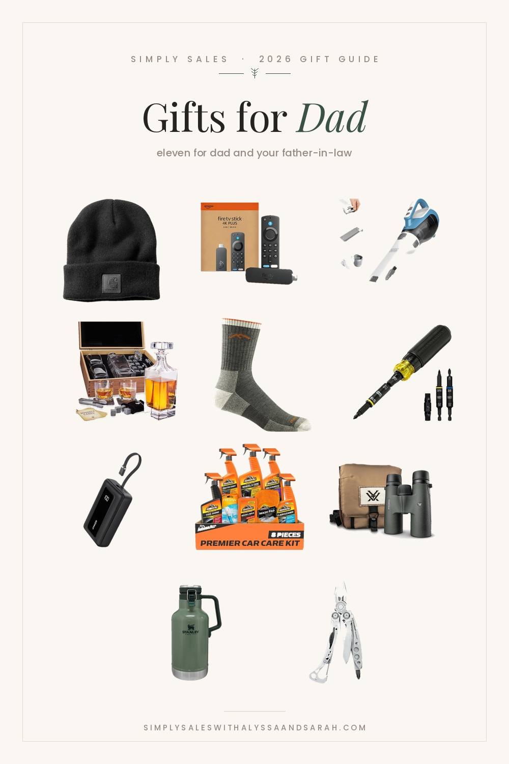 Eleven gift ideas for dad and your father-in-law including Darn Tough socks, a Klein ratcheting screwdriver, Vortex binoculars and a Stanley growler