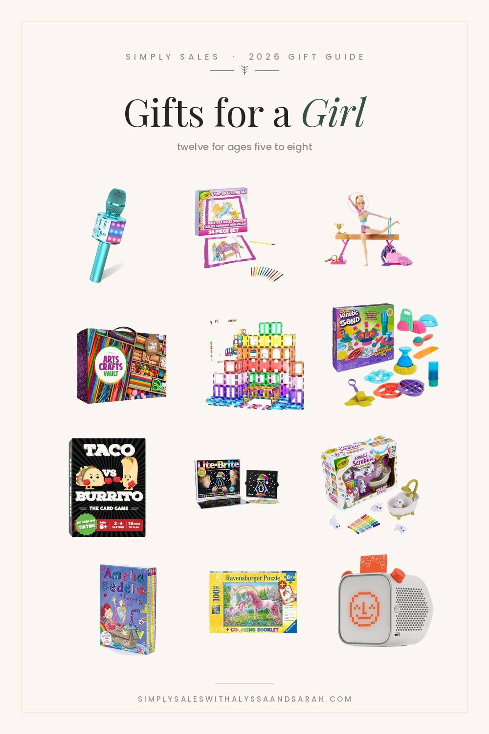 Twelve gift ideas for a girl aged five to eight including magnetic tiles, Kinetic Sand, a Yoto Player and Crayola Scribble Scrubbies