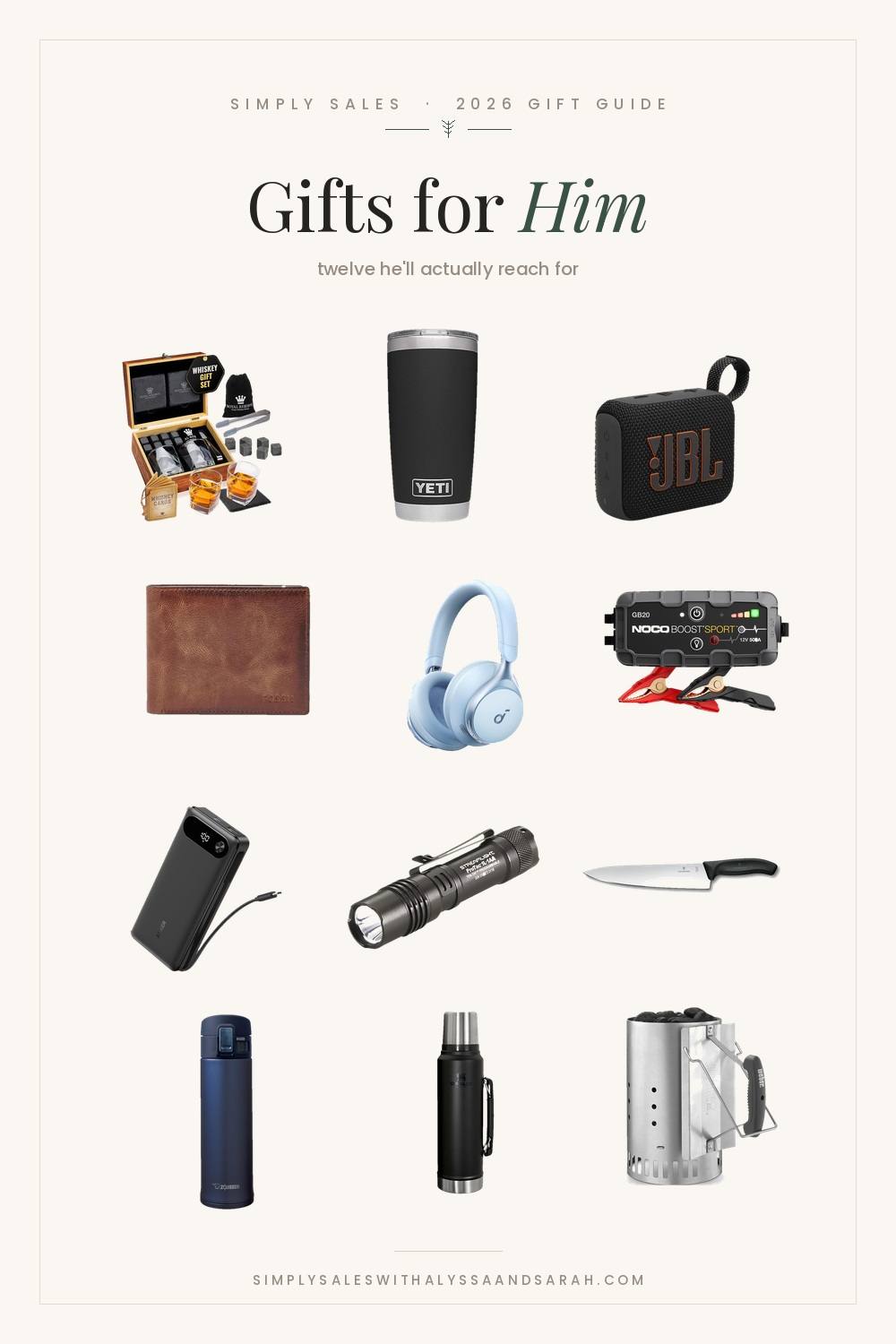 Twelve gift ideas for him including a YETI Rambler, Soundcore Space One headphones, a NOCO jump starter, a Victorinox chef knife and a Weber chimney starter