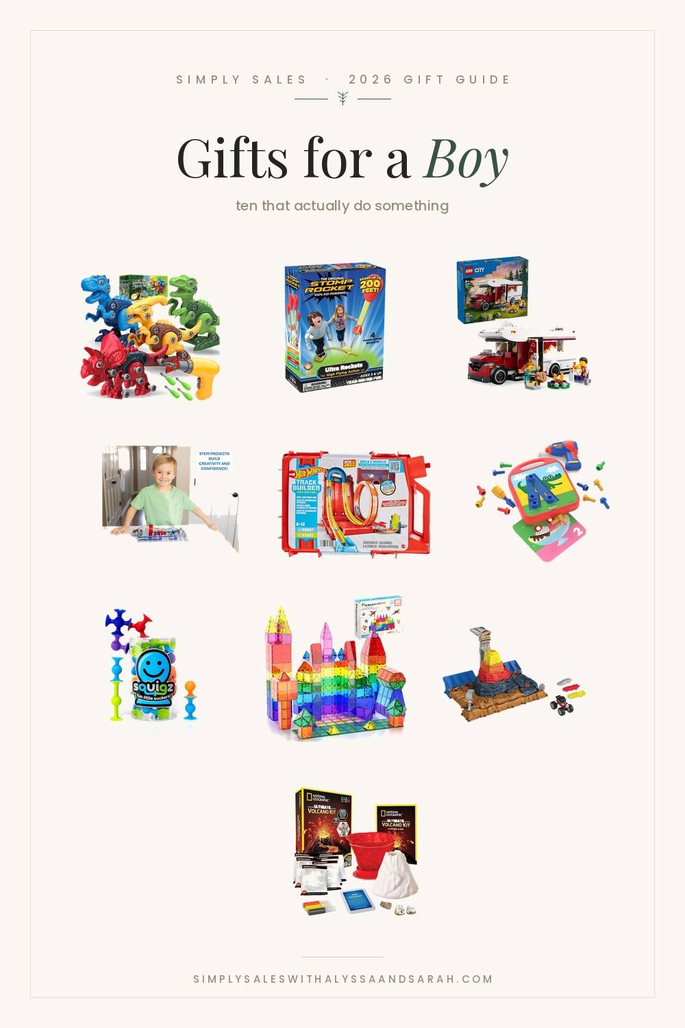 Ten gift ideas for a boy aged five to eight including a Hot Wheels stunt box, Design and Drill, Squigz, PicassoTiles and a Nat Geo volcano kit
