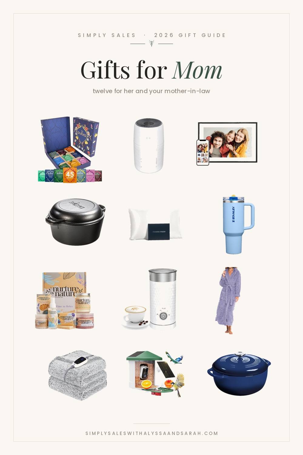 Twelve gift ideas for mom and your mother-in-law including a silk pillowcase, a Lodge enamel Dutch oven, a milk frother and a smart bird feeder with camera