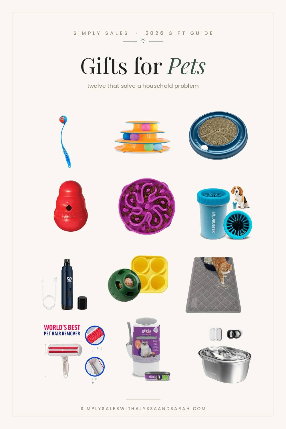 Twelve gift ideas for pets including a Chuckit ball launcher, a slow feeder bowl, a MudBuster paw cleaner, a ChomChom roller and a cat water fountain