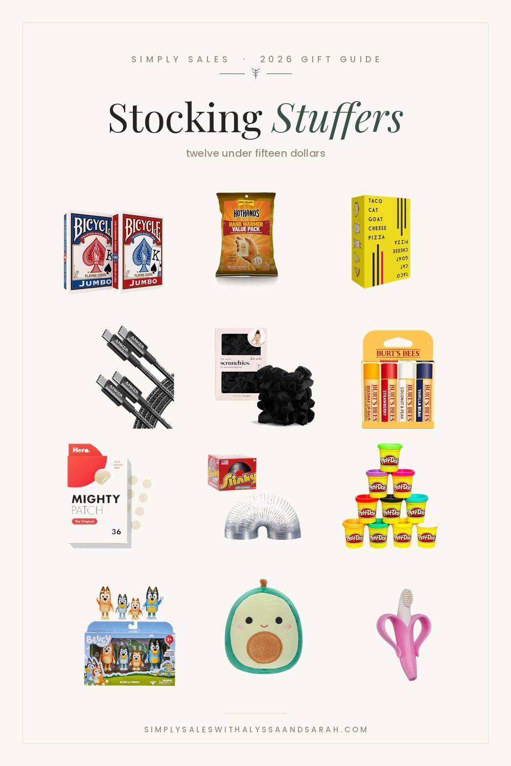 Stocking stuffer ideas all under fifteen dollars, including Bicycle playing cards, lip balm, Mighty Patch acne patches and a Squishmallow