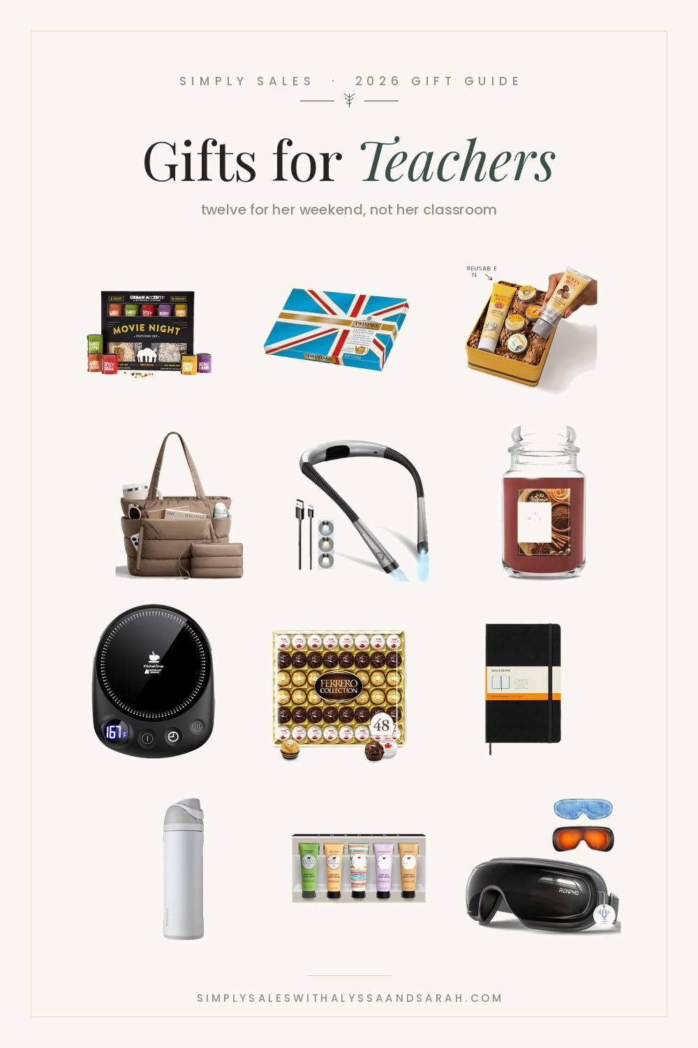 Twelve gift ideas for teachers including a Glocusent book light, a mug warmer, a Moleskine notebook and an Owala water bottle