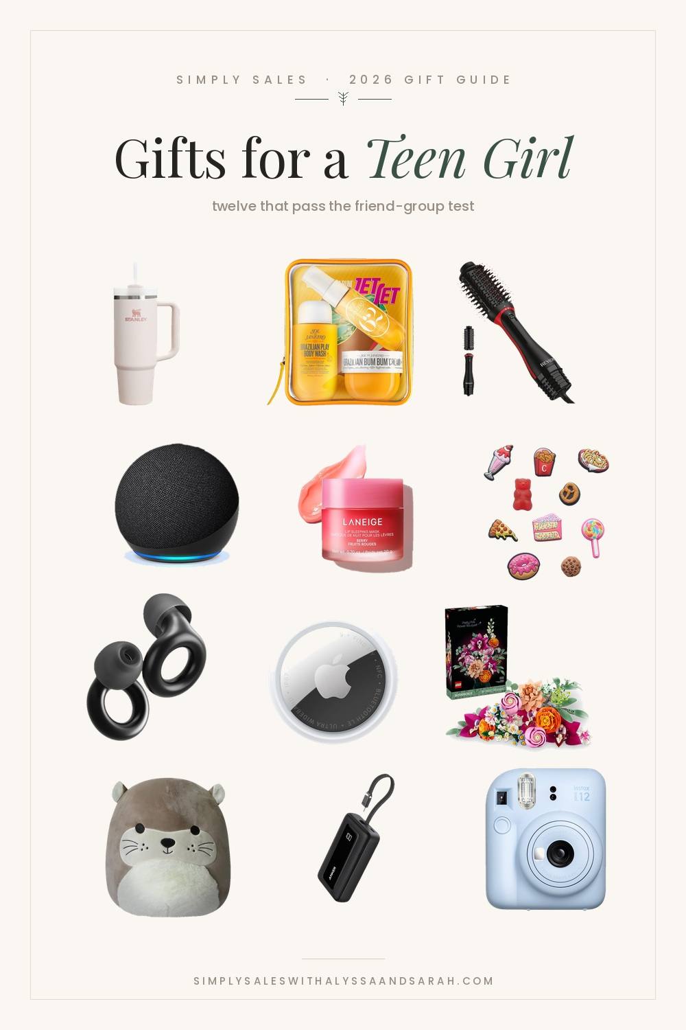 Twelve gift ideas for a teen girl including a Stanley Quencher, Laneige lip mask, Loop earplugs, an AirTag and a Fujifilm Instax Mini 12