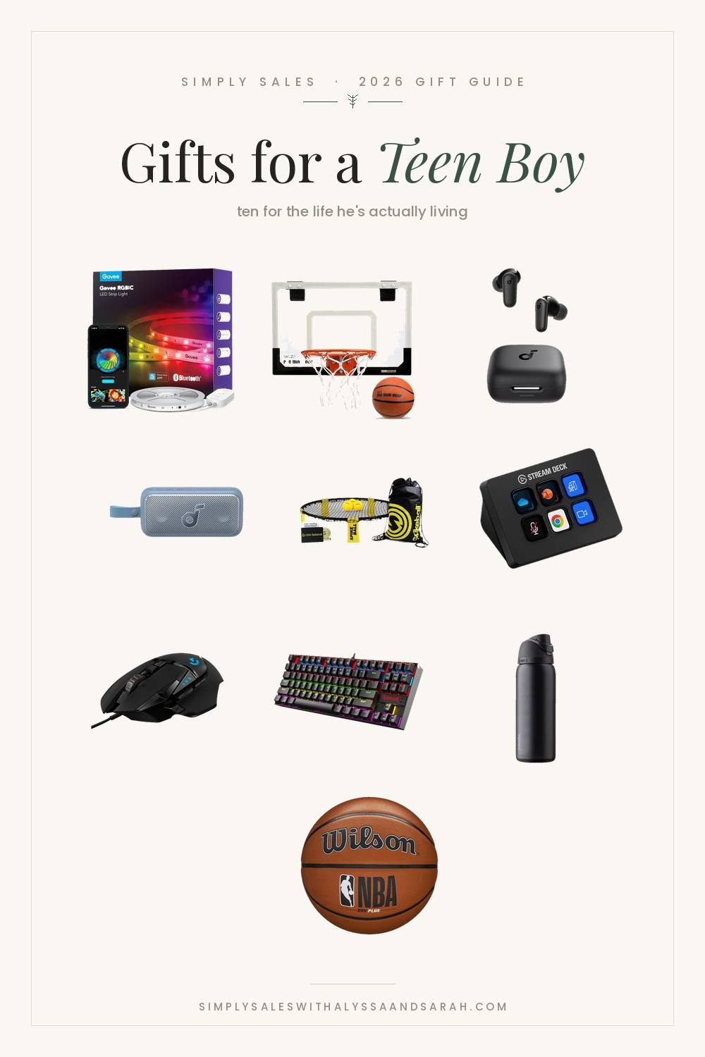 Ten gift ideas for a teen boy including a Soundcore Motion 300 speaker, Spikeball, an Elgato Stream Deck Mini, a Logitech G502 mouse and a Redragon keyboard