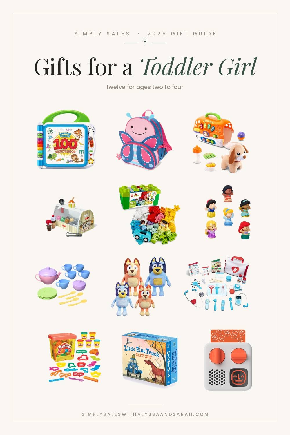 Twelve gift ideas for a toddler girl including LEGO DUPLO, a Green Toys tea set, a Melissa and Doug doctor kit and a Yoto Mini