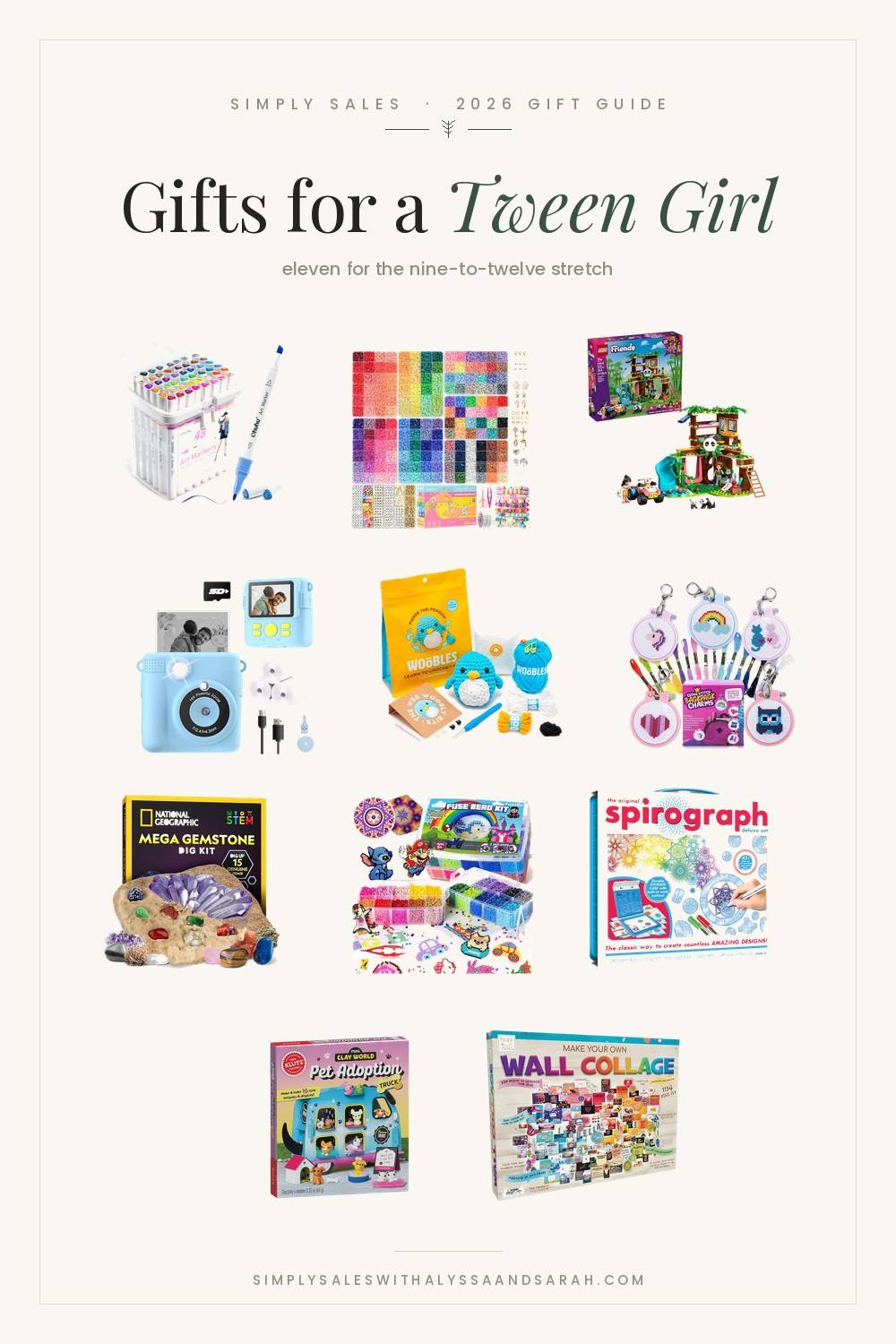 Eleven gift ideas for a tween girl including a Woobles crochet kit, a National Geographic gemstone dig, fuse beads and a Spirograph set