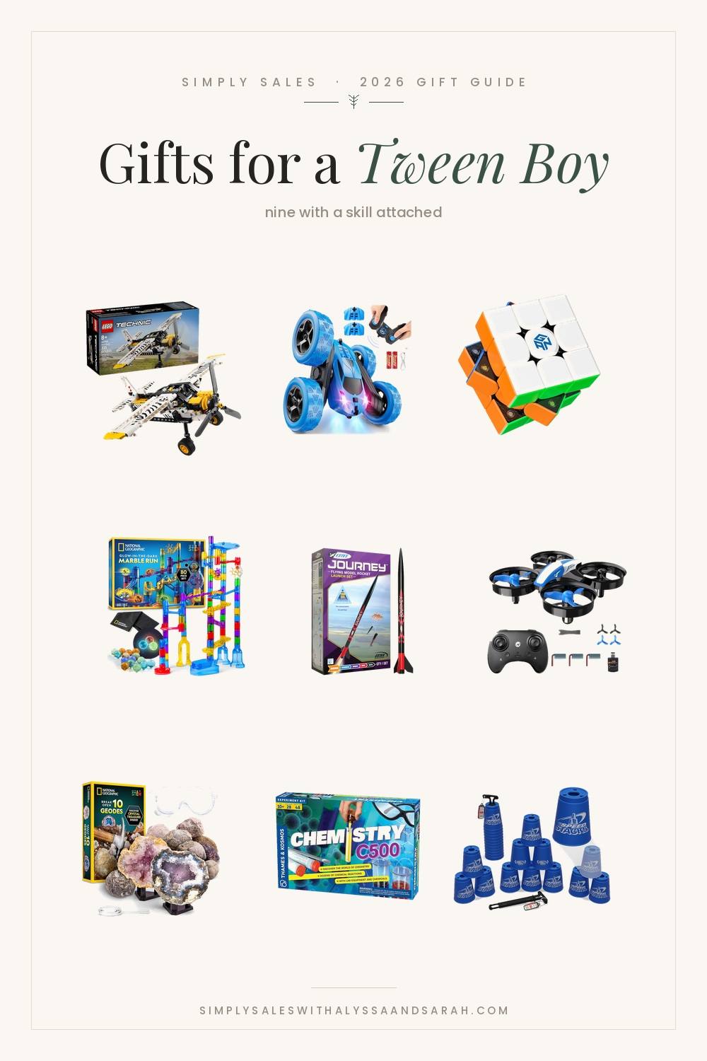 Nine gift ideas for a tween boy including a LEGO Technic bush plane, an Estes rocket kit, a mini drone, National Geographic geodes and Speed Stacks