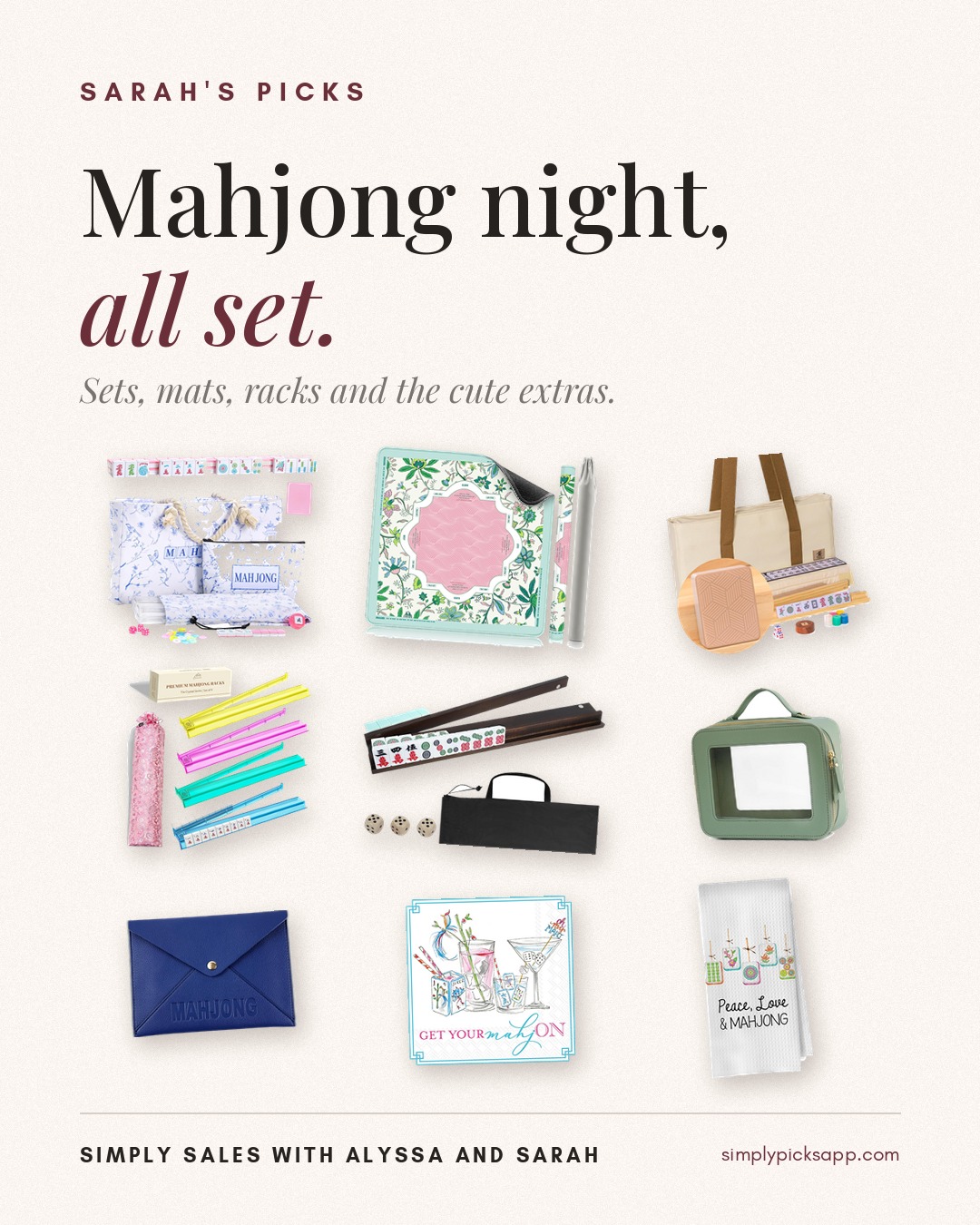 American mahjong set, mat, racks and mahjong night accessories