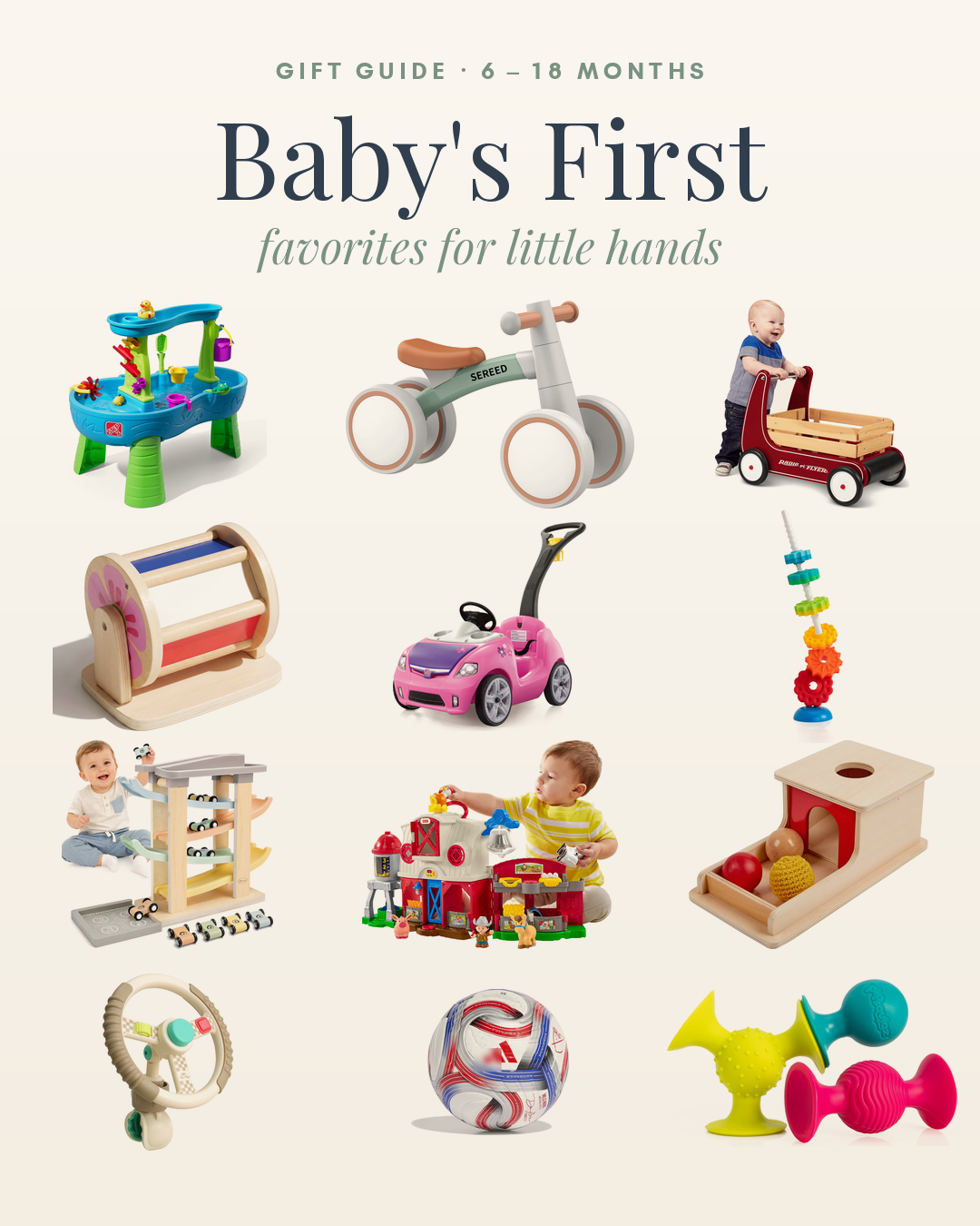 Baby gift guide, 6 to 18 months: balance bike, walker wagon, push car, water table and Montessori toys