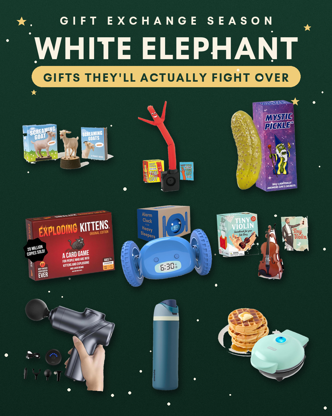 White elephant gifts, including the Clocky runaway alarm clock