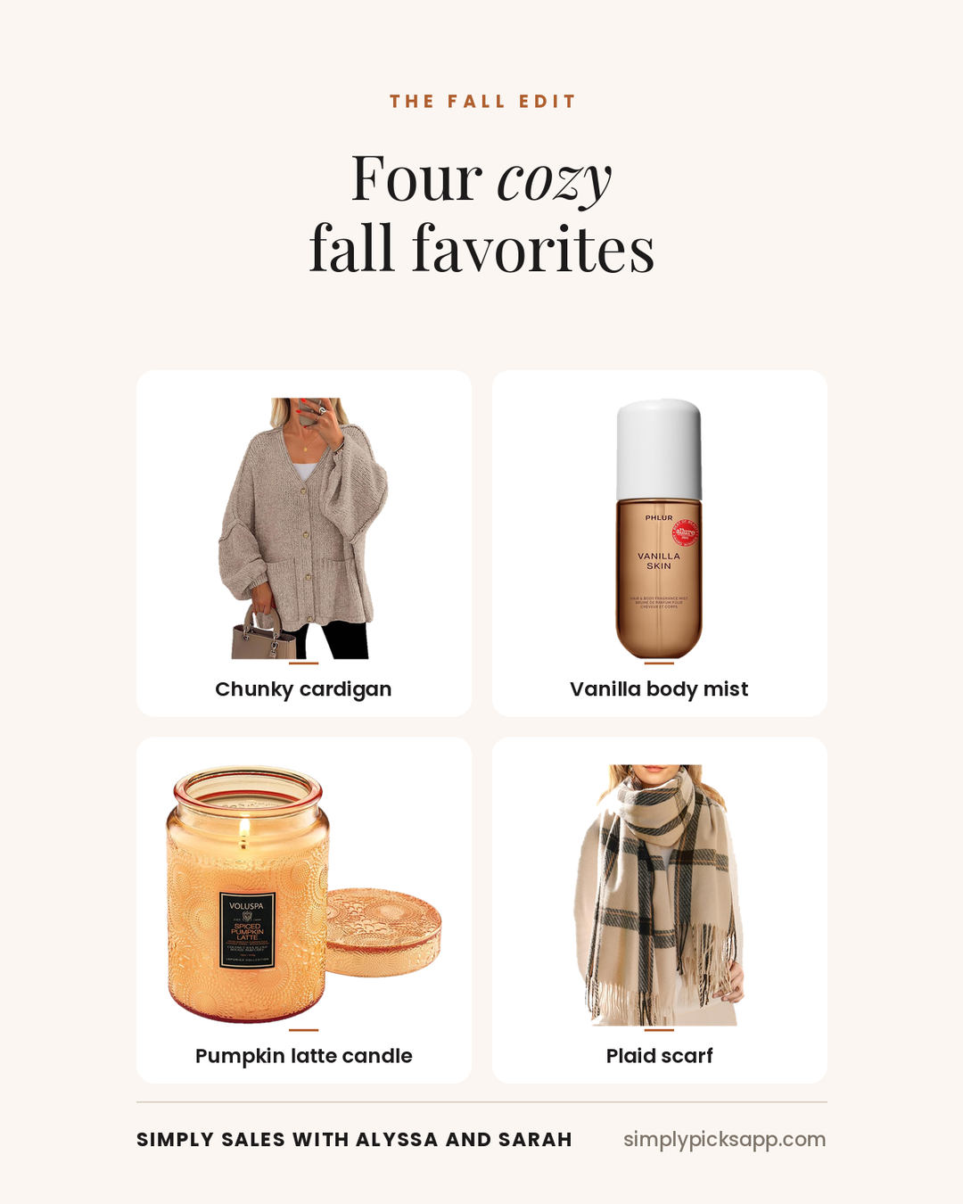 Cozy fall edit: chunky cardigan, vanilla body mist, pumpkin latte candle, plaid scarf