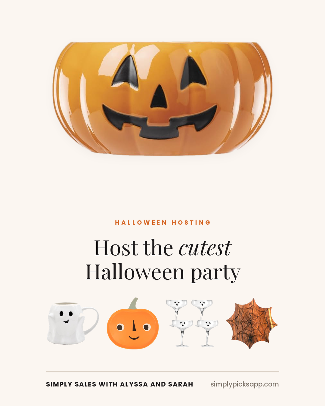 Halloween party hosting list: ghost mugs, pumpkin candy bowl, ghost martini glasses