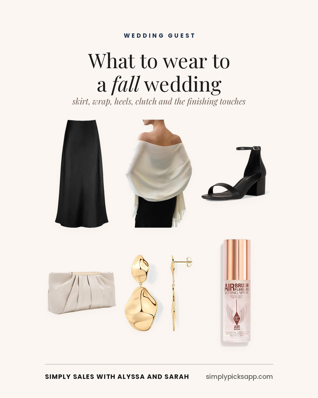 Fall wedding guest list: satin maxi skirt, shawl, heels, clutch plus gift ideas
