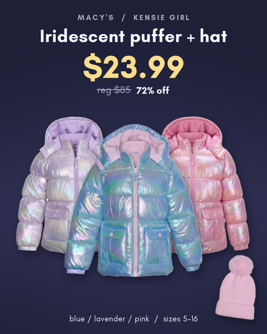 Kensie Girl iridescent puffer + hat set $23.99