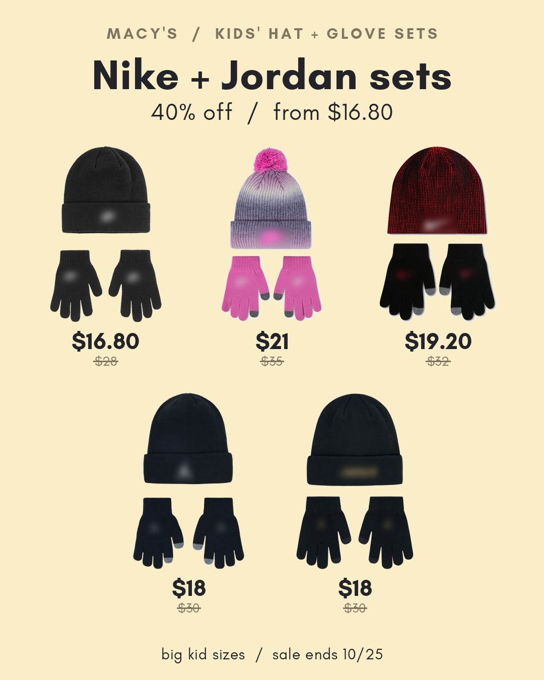 Nike + Jordan kids' hat and glove sets 40% off