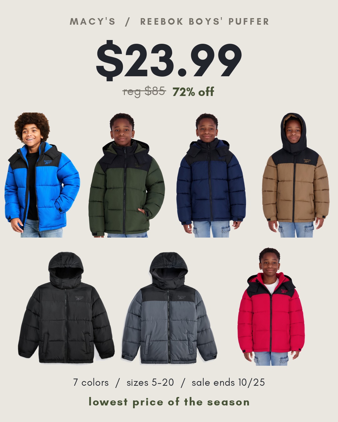 Reebok boys' hooded puffer jacket $23.99
